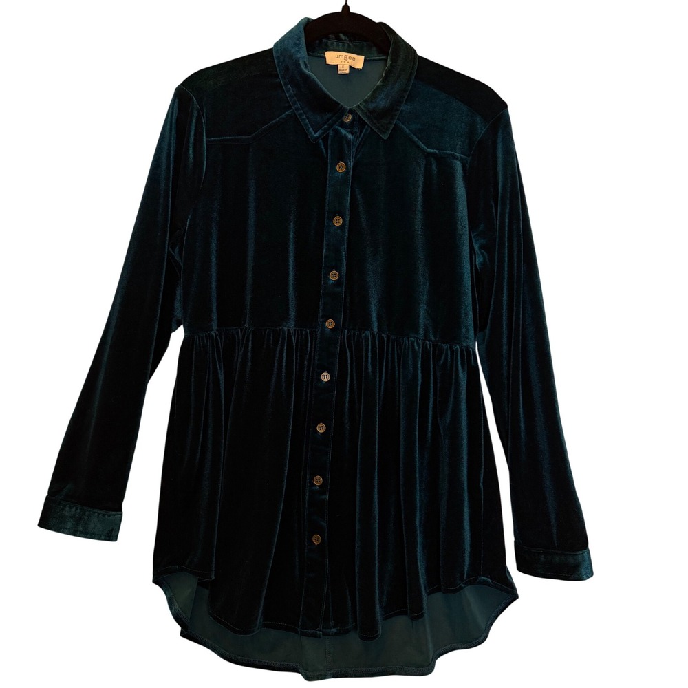 Umgee Velour Long Sleeve Babydoll Button Down Tunic‎ Blue Size Small